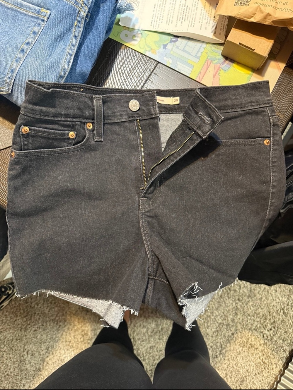 Black Denim Levi shorts with Raw Hem - Picture 2 of 2
